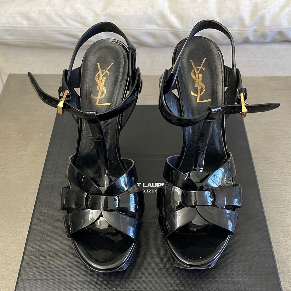YSL tribute platform patent sandals
